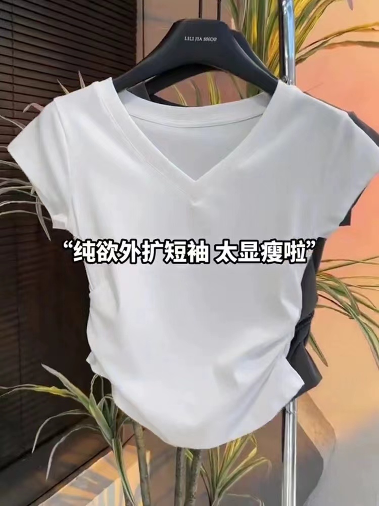 t恤女短袖夏裝辣妹純欲設計感鎖骨短上衣正肩v領收腰別致小衫緊身