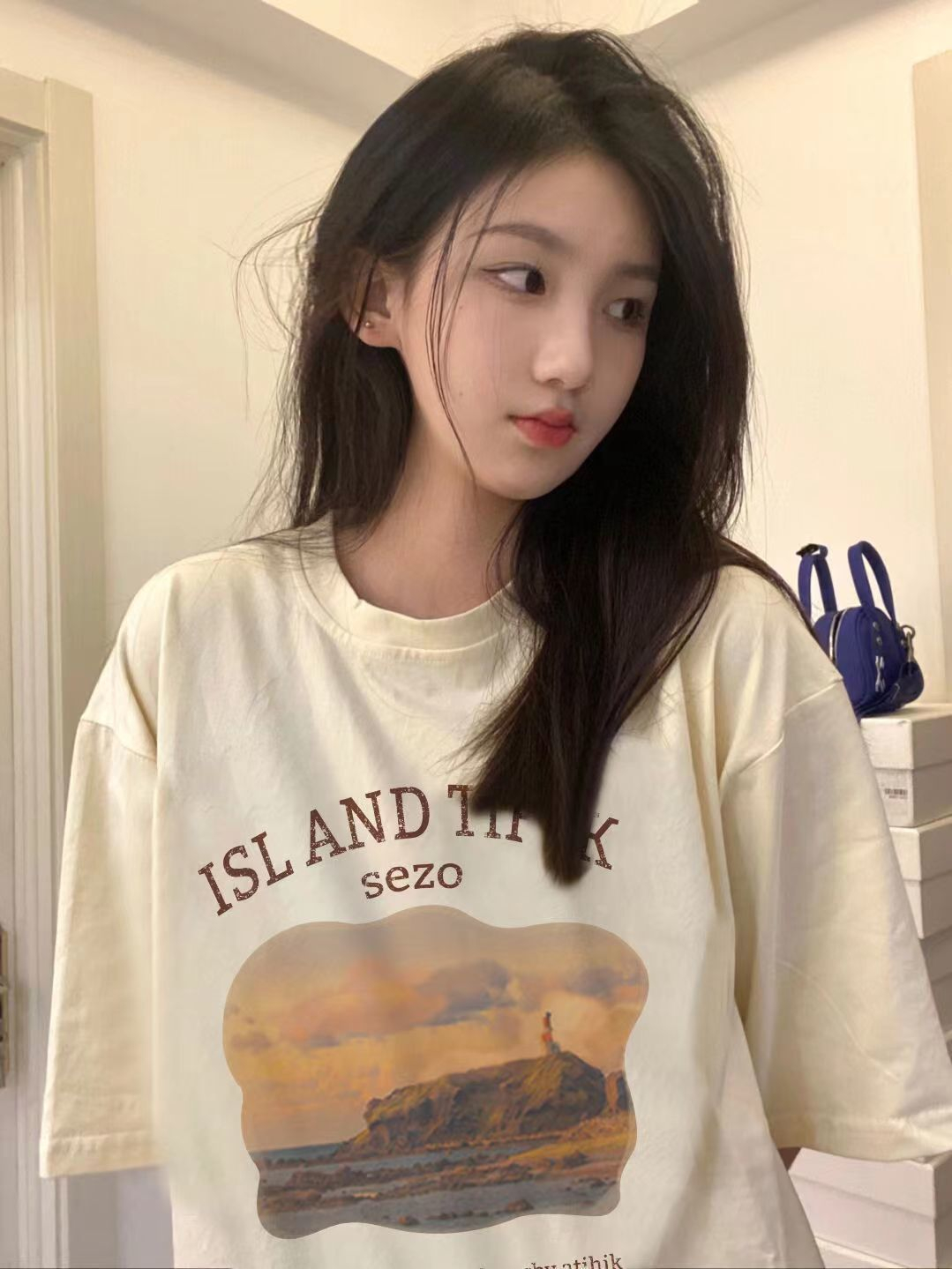 杏色學生短袖t恤女溫柔風夏季2印花韓版寬鬆上衣