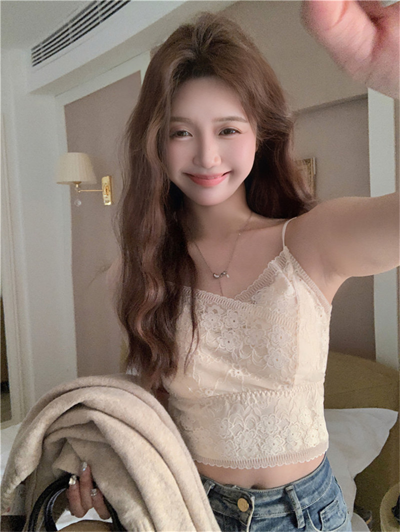 實拍~蕾絲美背吊帶背心甜美復古帶胸墊無袖打底上衣內衣