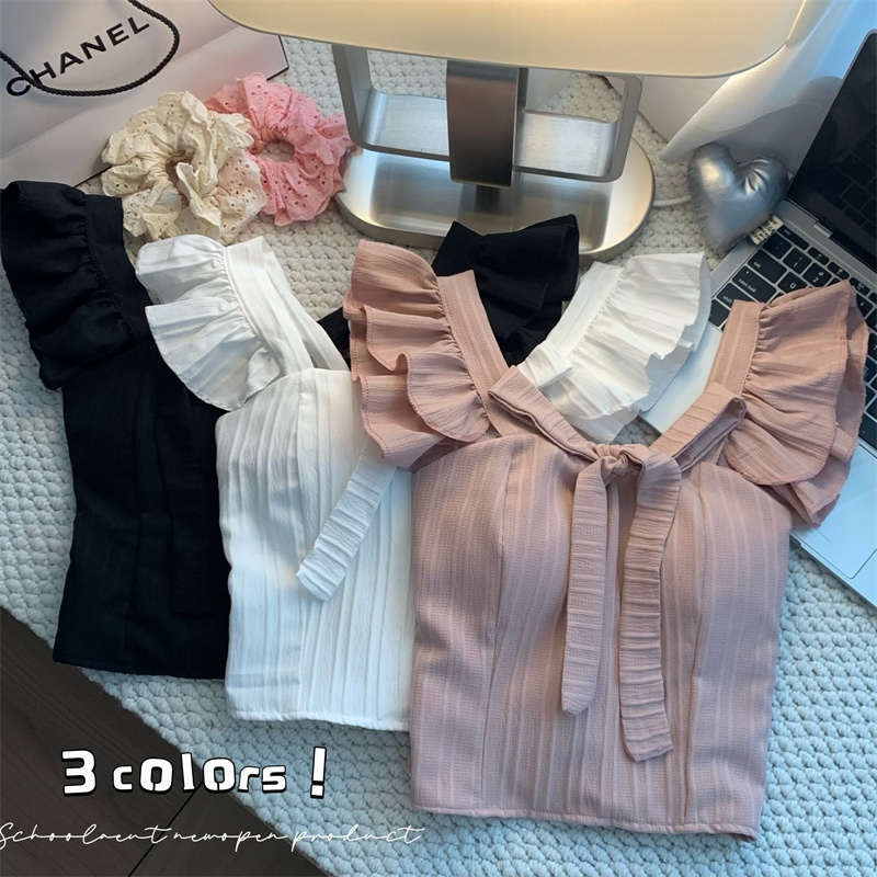 Real shot of bow tie with small flying sleeves and chest padded vest for women in spring and summer, Korean version, sweet and versatile short style, beautiful back