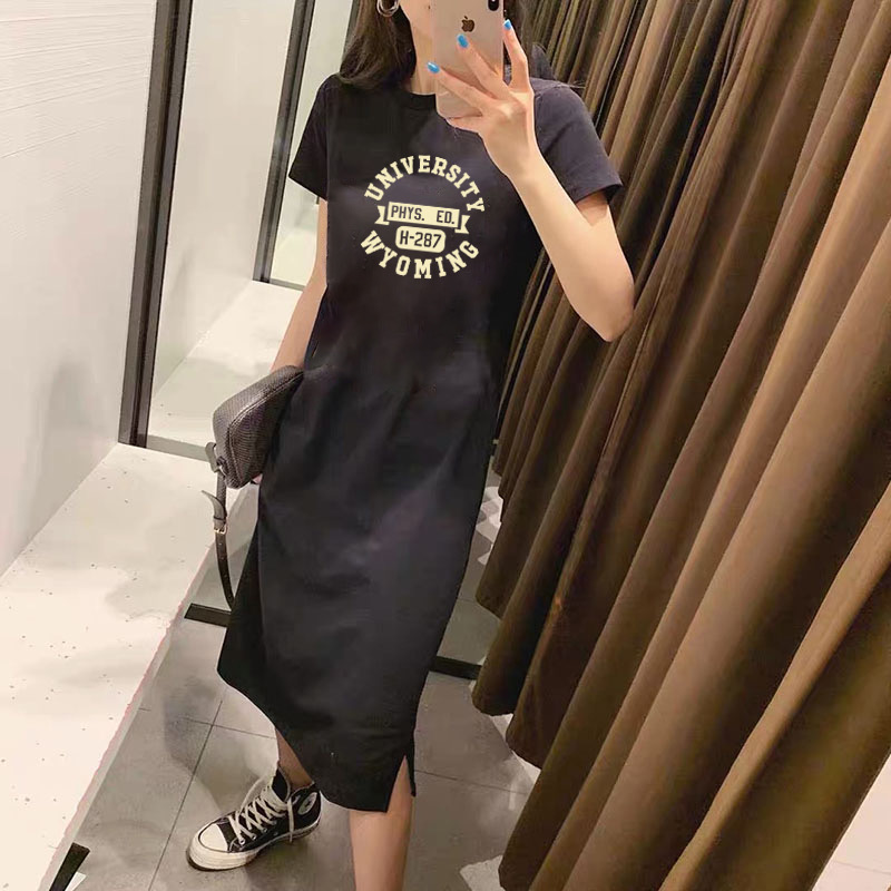 純棉短袖長裙寬鬆休閒過膝t恤裙簡約中長款連衣裙女顯瘦夏季