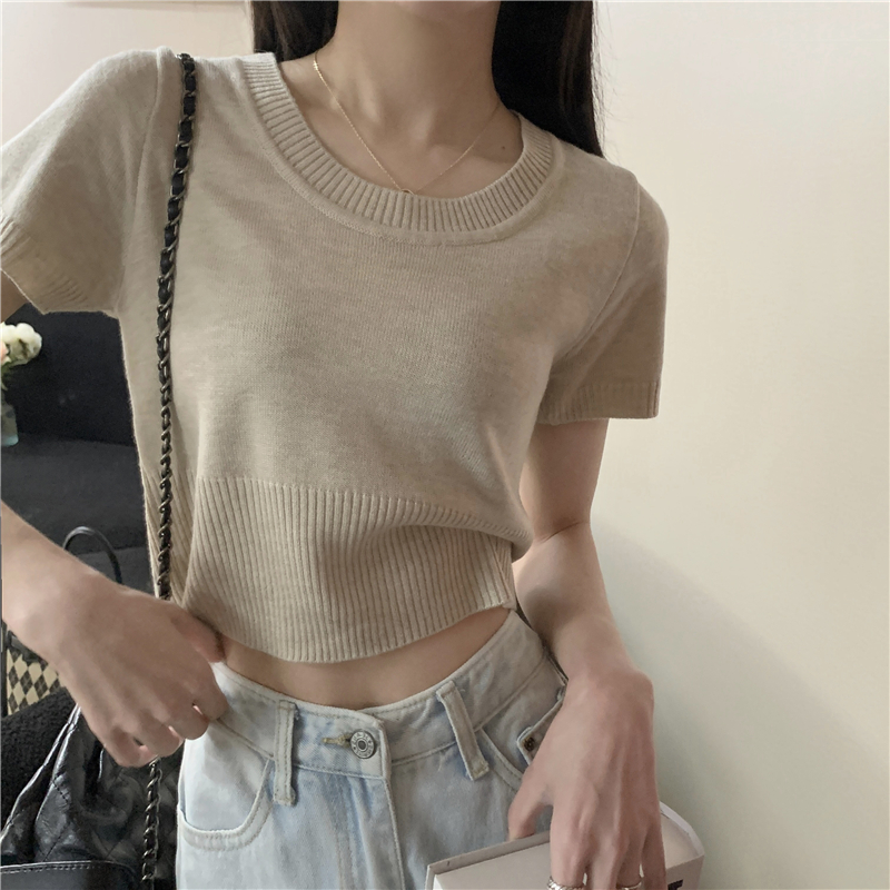 Real shot Summer new soft u-neck sweater short-sleeved T-shirt women's short top