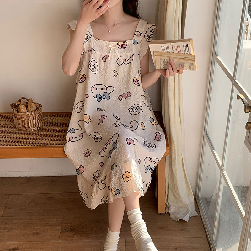 帶胸墊睡衣女夏季2024韓版新款小飛袖睡裙皺布家居服甜美可愛網紅