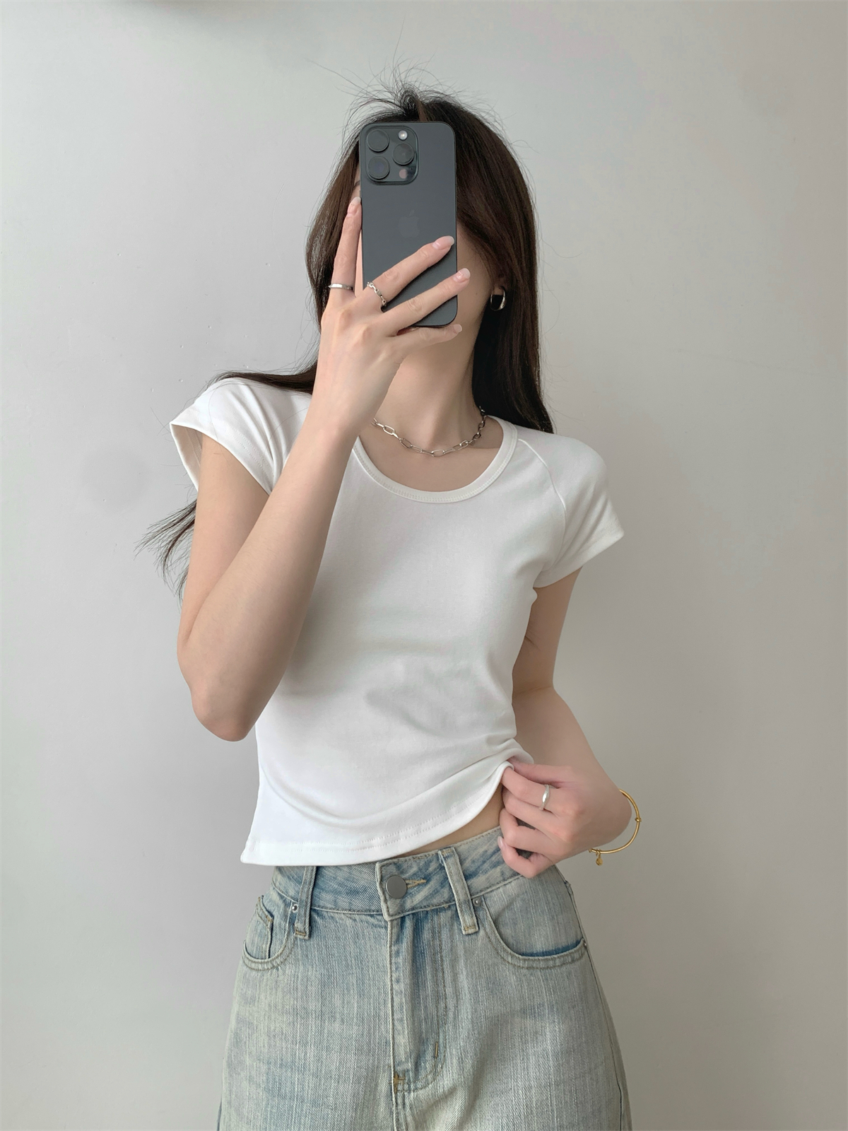 實拍 春夏韓版修身插肩純色簡約百搭純棉短袖上衣T恤女