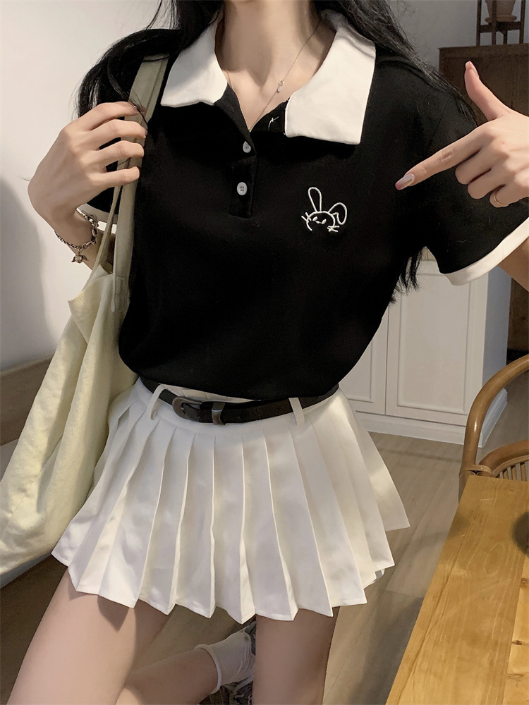 A06 real shot #Large size retro contrasting short-sleeved T-shirt women's summer POLO collar embroidered T-shirt unique and chic small top