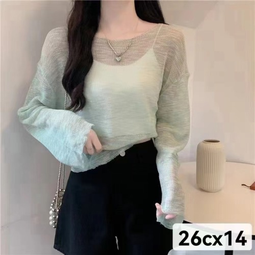 Ice silk sun protection clothing for women summer thin 2024 new versatile loose hollow breathable outdoor knitted blouse top