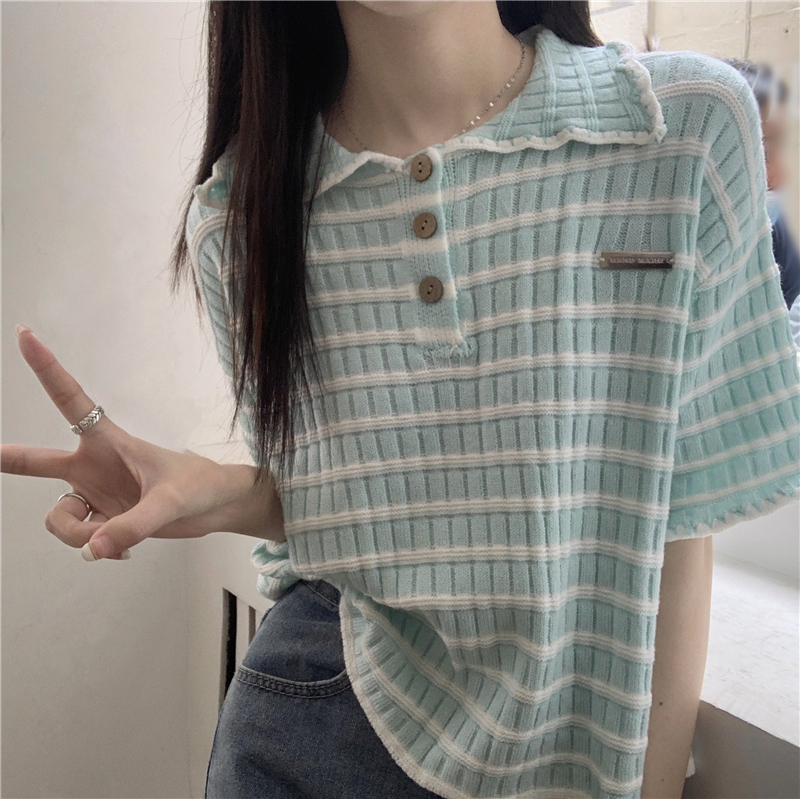 Real shot of good quality new summer striped sweater short-sleeved POLO collar top for women