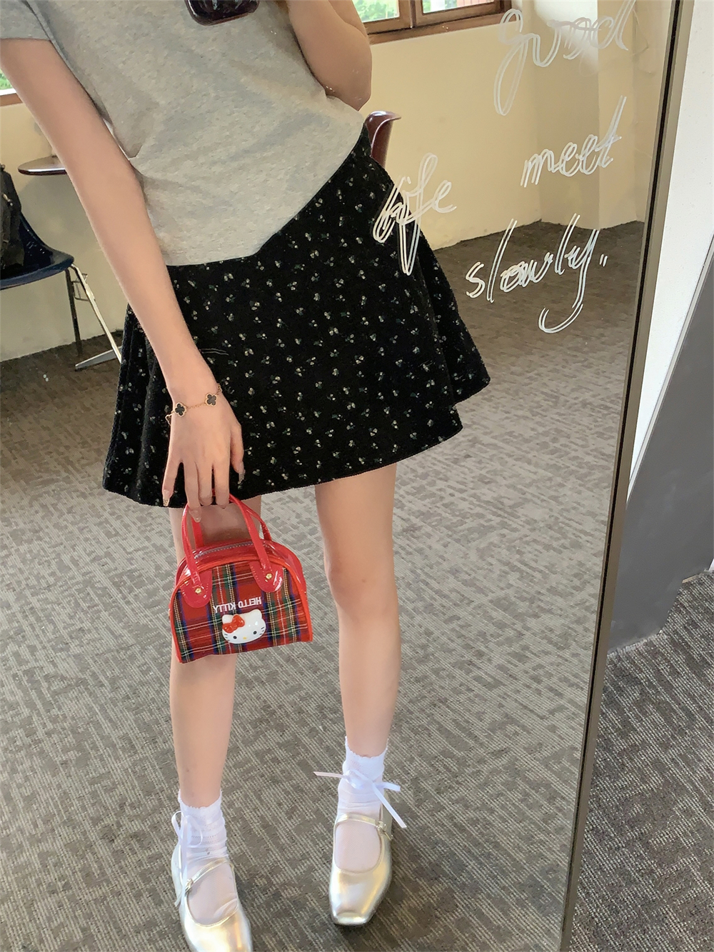 Actual shot Korean style small floral retro waffle high waist floral skirt