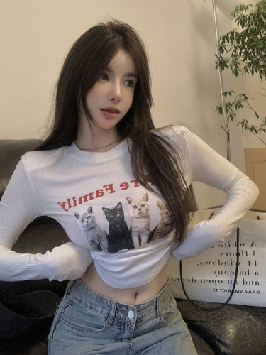Real shot!  Cat Print Slim Long Sleeve T-Shirt Female Hot Girl Short Style Right Shoulder Bottoming Top 2418
