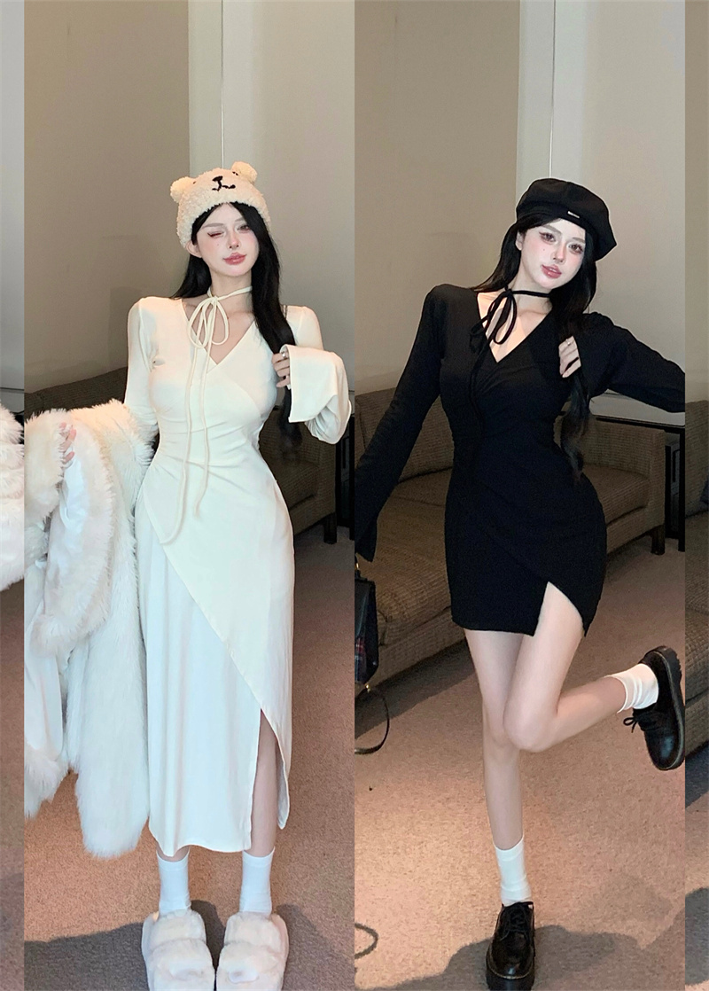 實拍 少女風V領不規則長袖褶皺系帶裙連衣裙短裙長裙打底裙