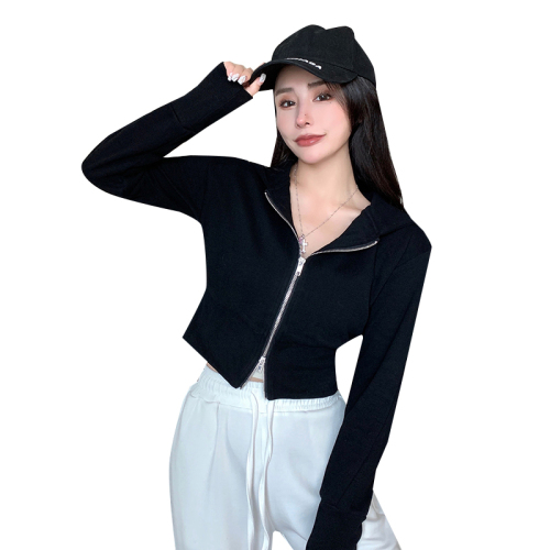 Real shot design niche double zipper hooded short coat for women early spring 2024 new small sweatshirt top