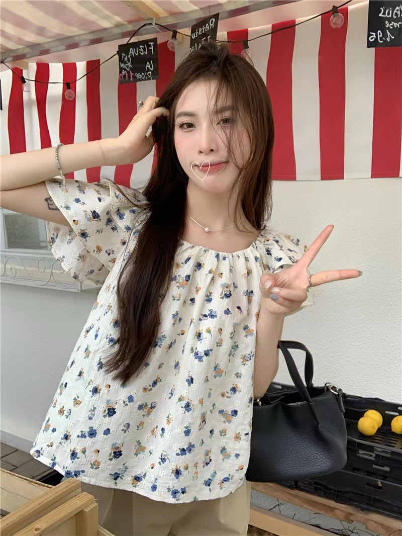 甜美碎花刺繡層次飛飛短袖襯衫女夏季薄款遮肉顯瘦娃娃小衫上衣仙