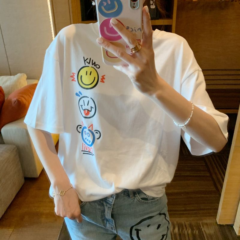 韓國夏季俏皮笑臉塗鴉後背印花短袖T恤女