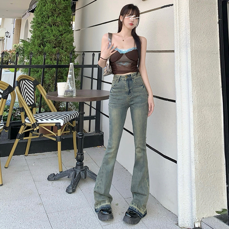 實拍~流光夜曲+YKK 辣妹高彈顯瘦繡花拖地喇叭褲水泥灰 長褲