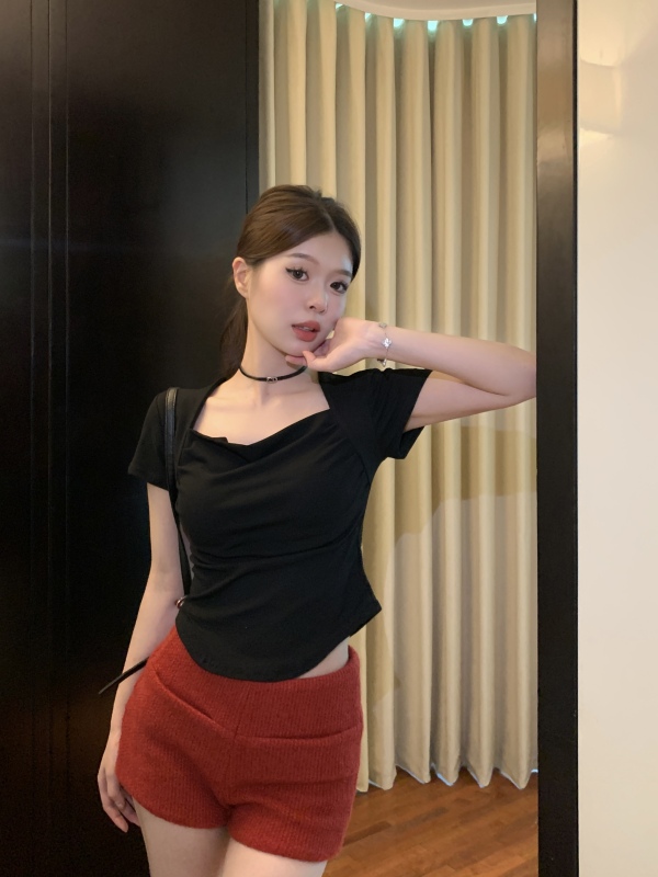 實拍 純欲辣妹方領露鎖骨不規則褶皺小眾短袖T恤上衣