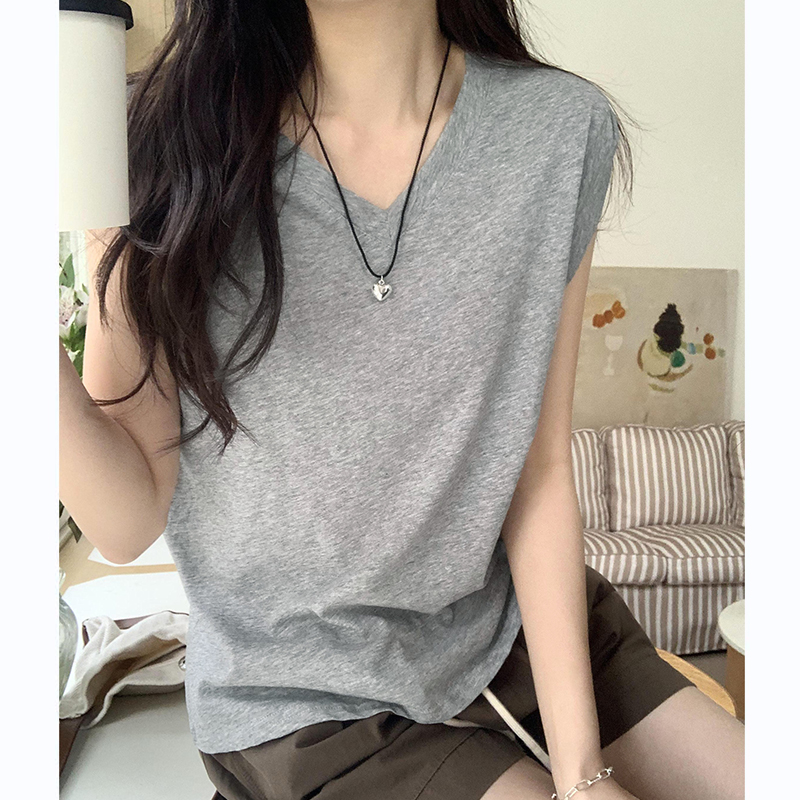 實拍圖設計感小眾V領卷邊無袖T恤女2024春新款側邊褶皺休閒背心