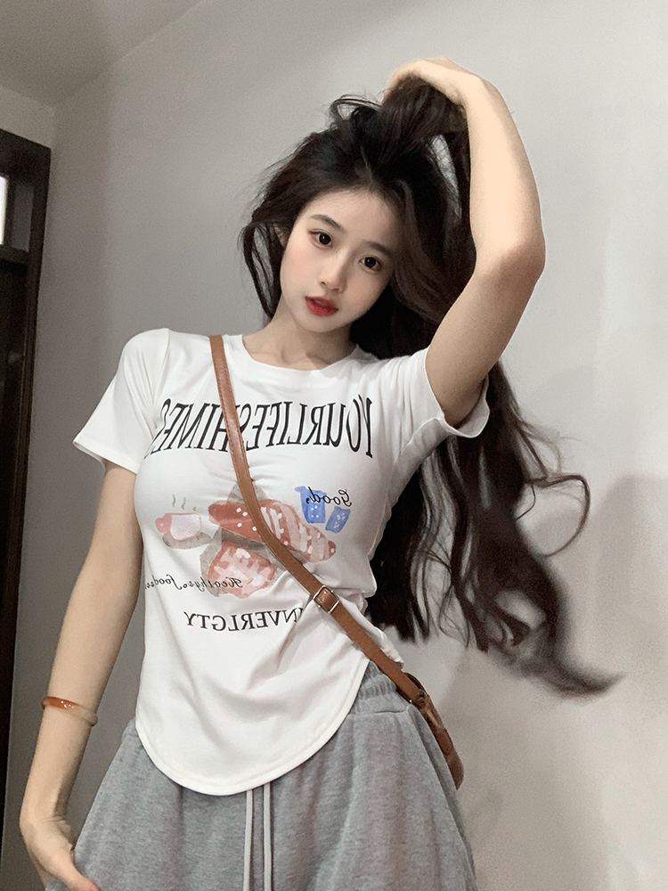 實拍~網紅款印花圓領顯瘦修身不規則短袖T恤
