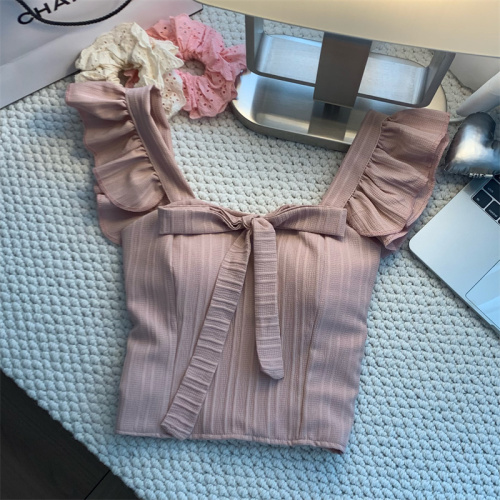 Real shot of bow tie with small flying sleeves and chest padded vest for women in spring and summer, Korean version, sweet and versatile short style, beautiful back