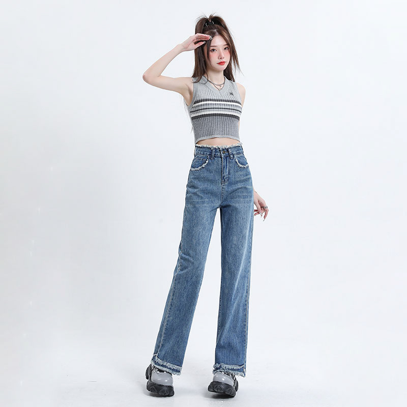 復古百搭高腰直筒牛仔褲女2024春夏小個子顯瘦垂感闊腿拖地牛仔褲