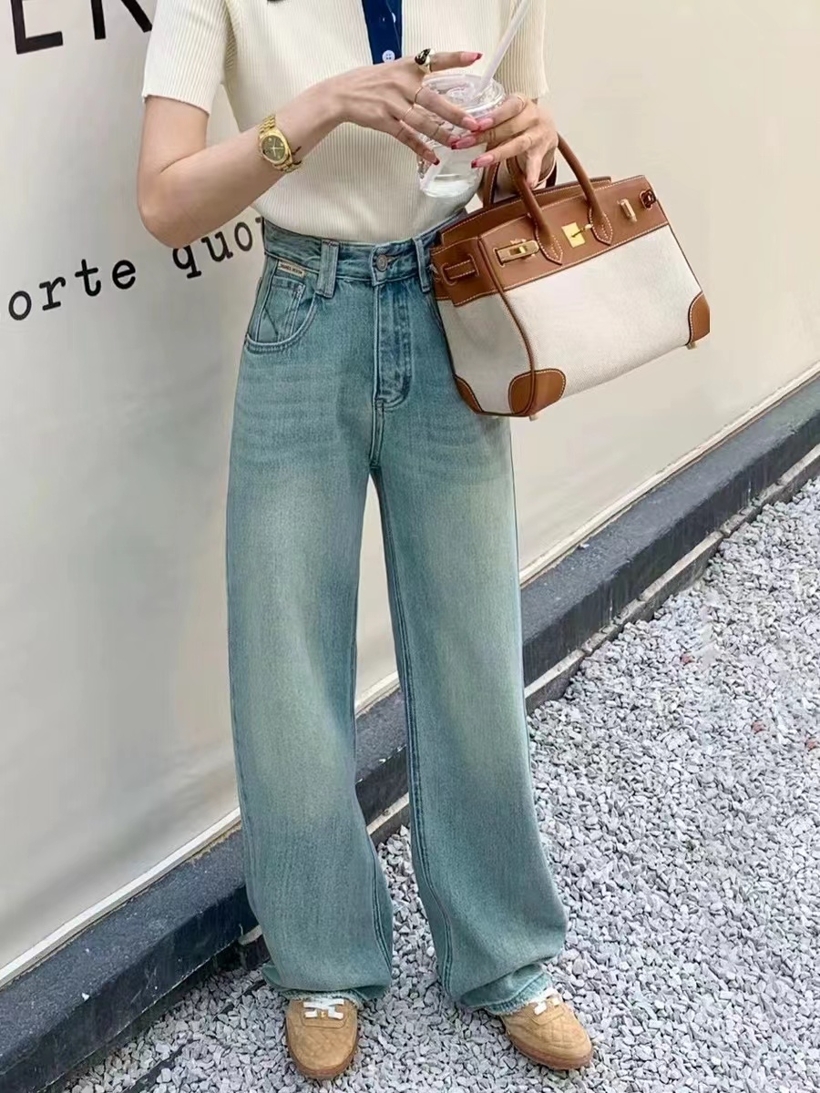 復古拖地闊腿牛仔褲女歐洲站早春2024新款歐貨女裝時尚直筒褲子潮