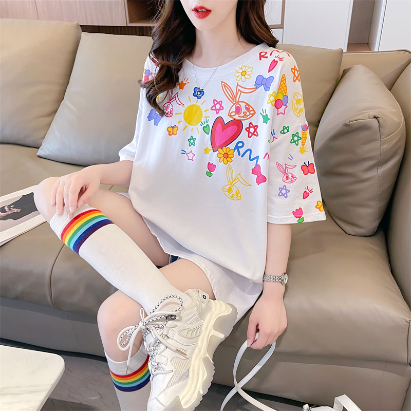 實拍 夏裝韓版寬鬆純棉後包領圓領卡通印花大碼短袖T恤女