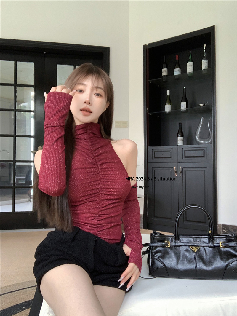 實拍~辣妹純欲露肩半高領褶皺背心袖套兩穿修身顯瘦百搭上衣