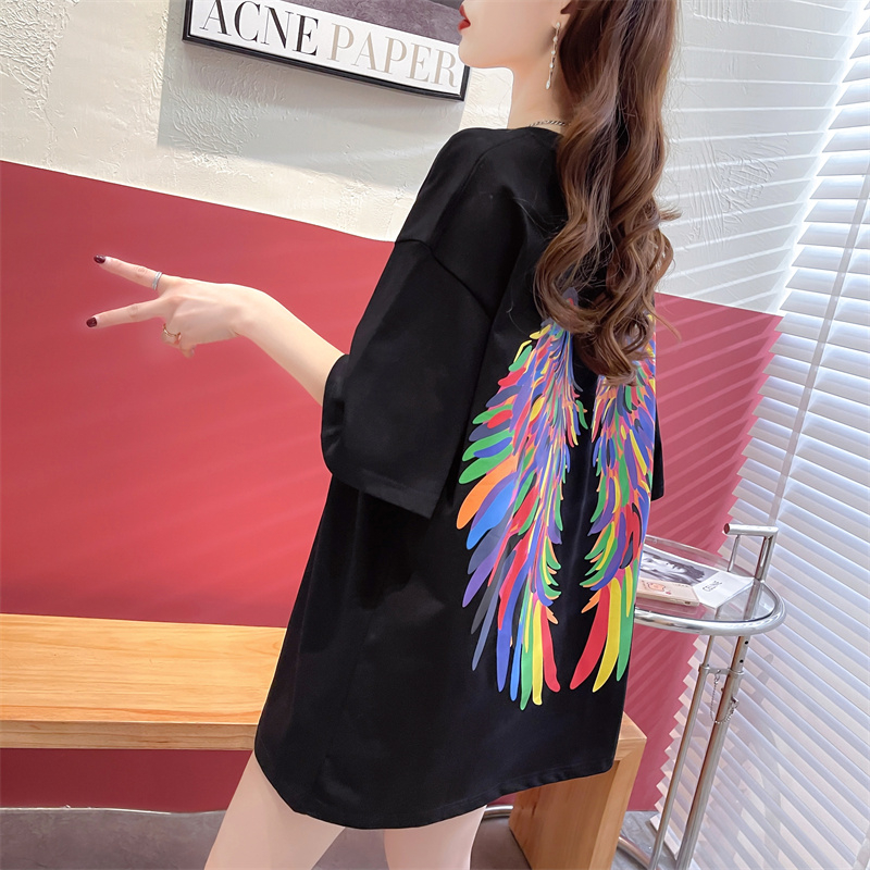 實拍 夏裝韓版寬鬆圓領個性前後印花中長款大碼女裝短袖T恤女