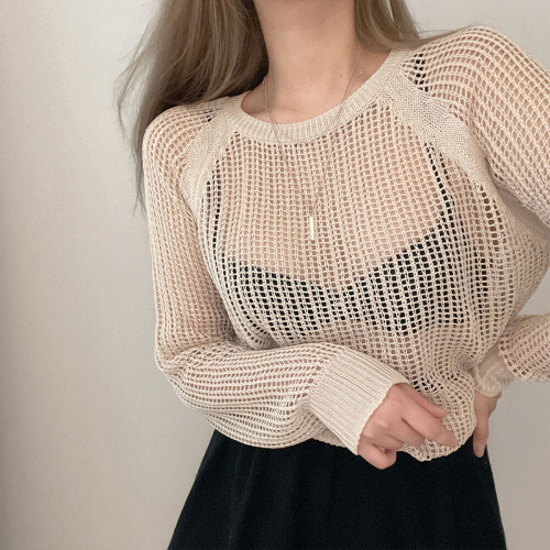 Large size hollow blouse summer lazy style solid color thin mid-length slightly see-through long-sleeved ice silk sweater