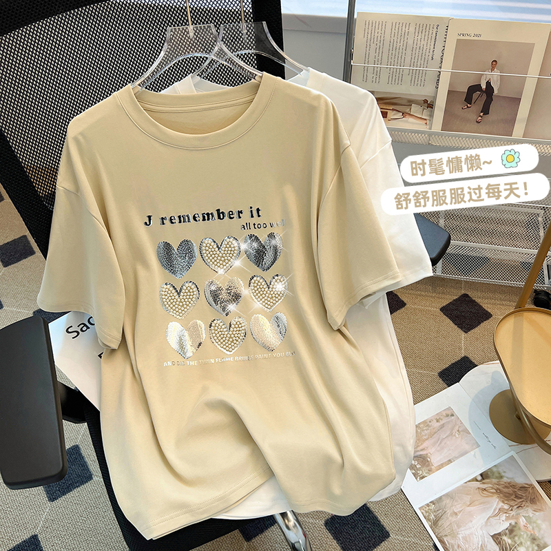 白色重工愛心鑲鑽純棉短袖t恤女夏季歐貨休閒百搭高級感體恤上衣