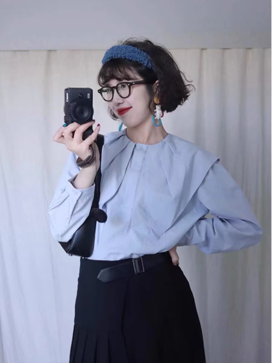 法式重工藍色壓褶襯衫女裝夏季2024年新款設計感小眾別致顯瘦上衣