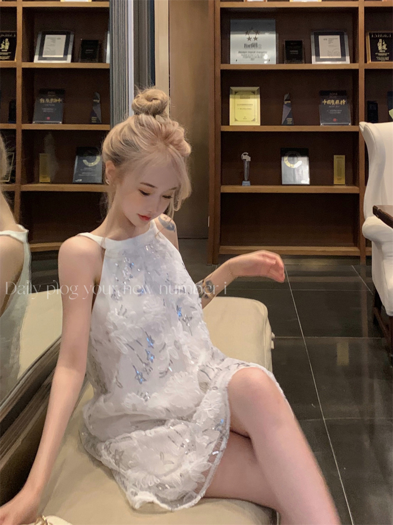 實拍~星星薄紗重工連衣裙女夏季名媛吊帶氣質顯身材掛脖裙子