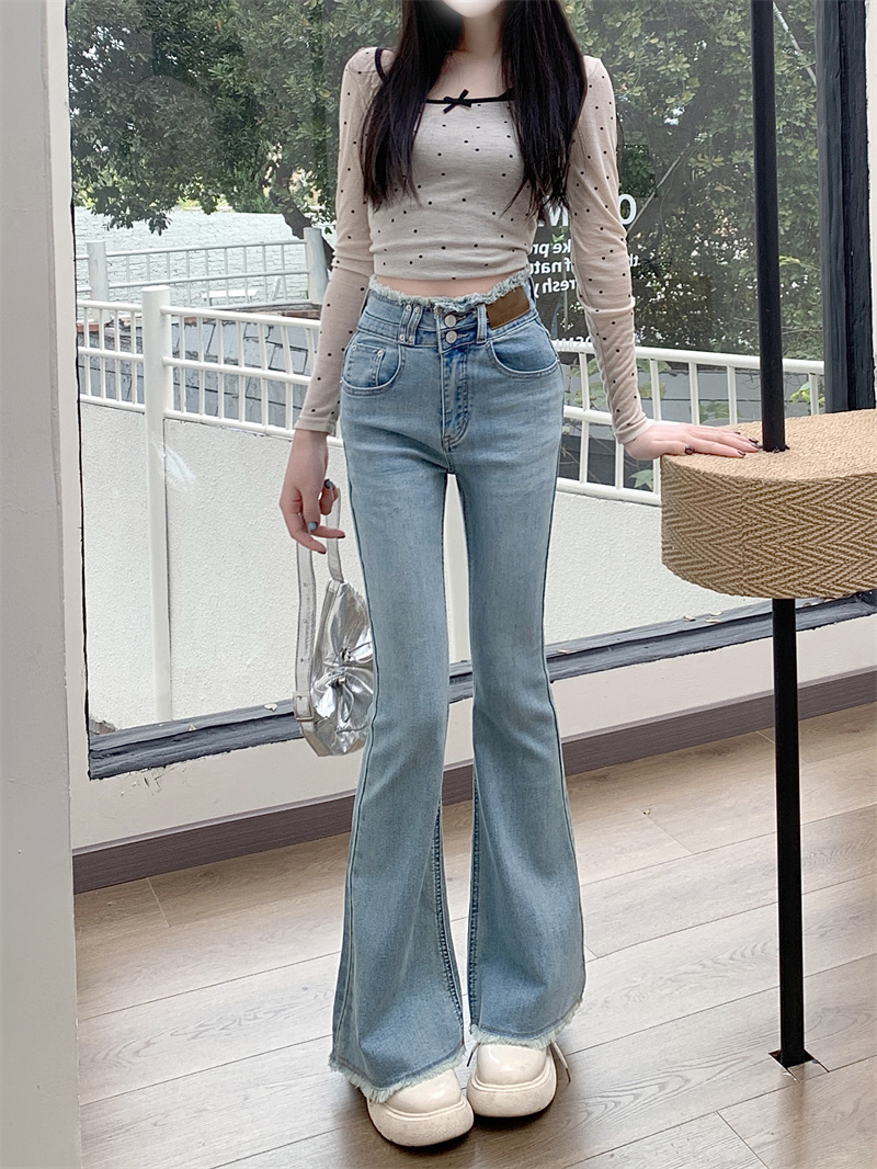 實拍 新款高腰彈力微喇修身顯瘦毛邊長牛仔褲女