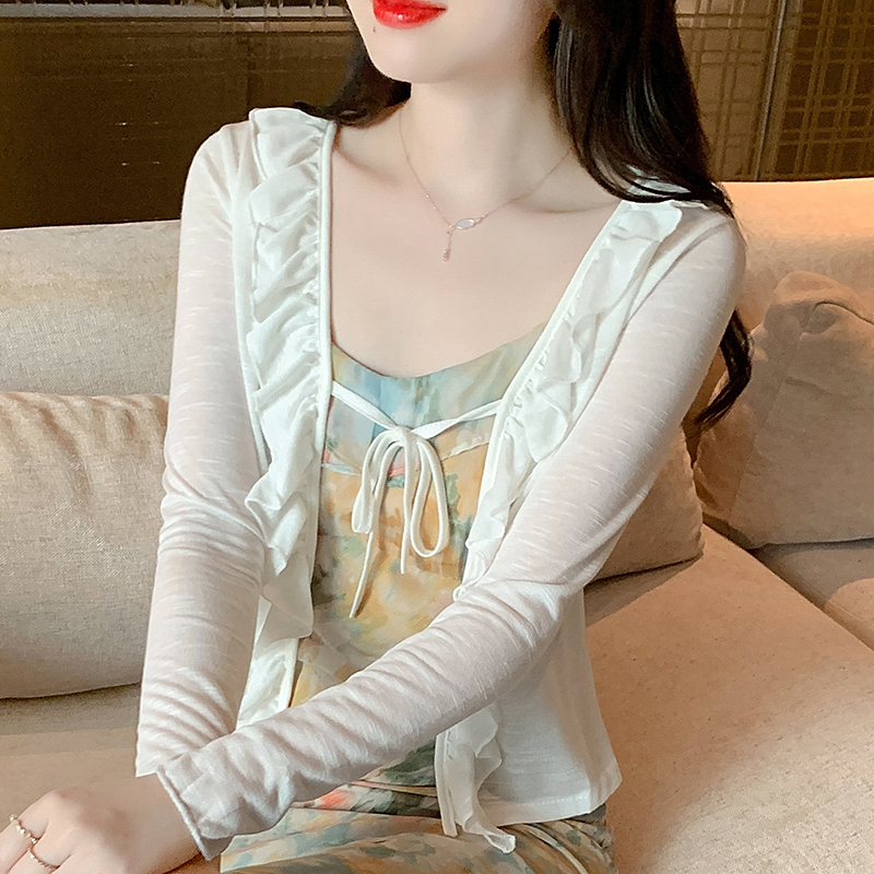 Has been shipped small shawl coat women's 2024 spring and summer new thin ruffled splicing sun protection shirt cardigan long sleeves