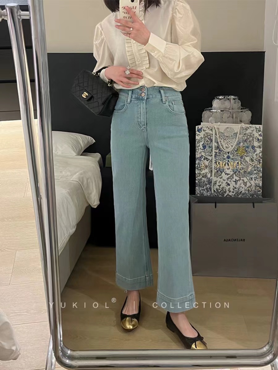 小羽家微喇牛仔褲女2024年春季新款喇叭褲彈力顯瘦高腰淺色九分褲