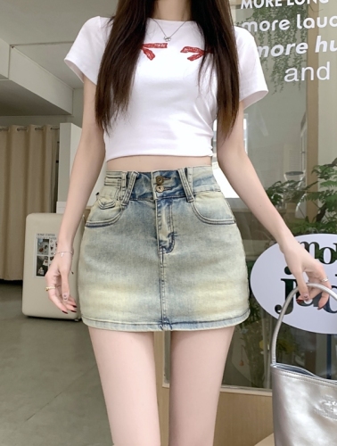 Real shot#High-waisted denim skirt and culottes for women. Designed washable anti-exposure A-line hip-hugging short skirt.