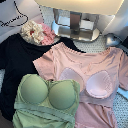 Actual shot of the new spring and summer versatile candy-colored waist slimming v-tie chest pad for inner wear and outer wear T-shirt large size