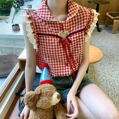 2024 Original Method Summer Korean Style Slim Plaid Cardigan Lace Edge Plaid Vest Short Sleeve Women's Top Trendy