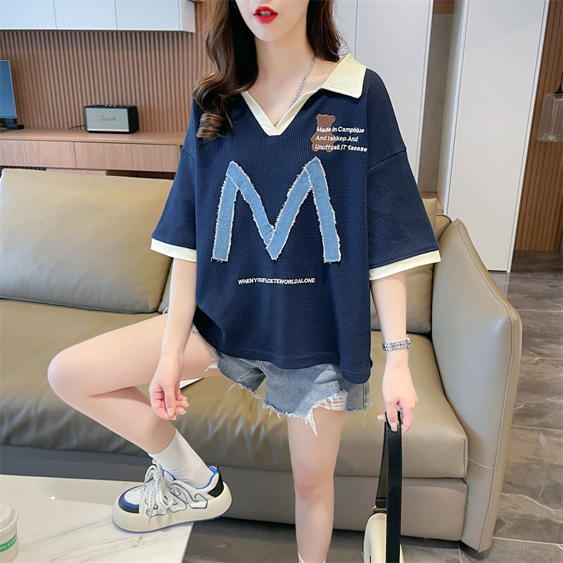 實拍 夏季韓版寬鬆後包領華夫格牛仔貼布刺繡大碼短袖T恤女