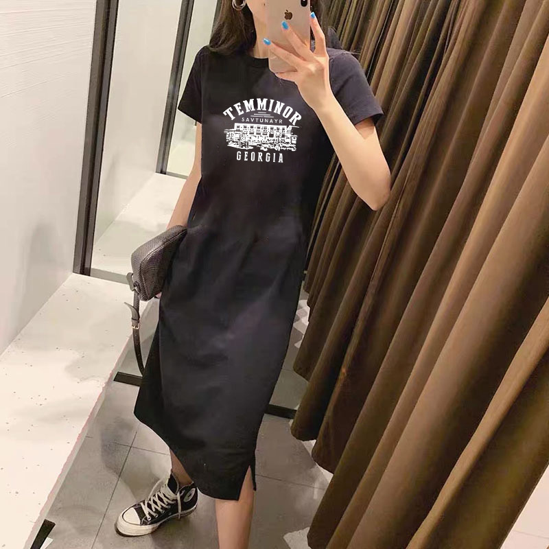 長款過膝休閒顯瘦t恤裙女2024春夏新款純棉開叉連衣裙寬鬆懶人裙