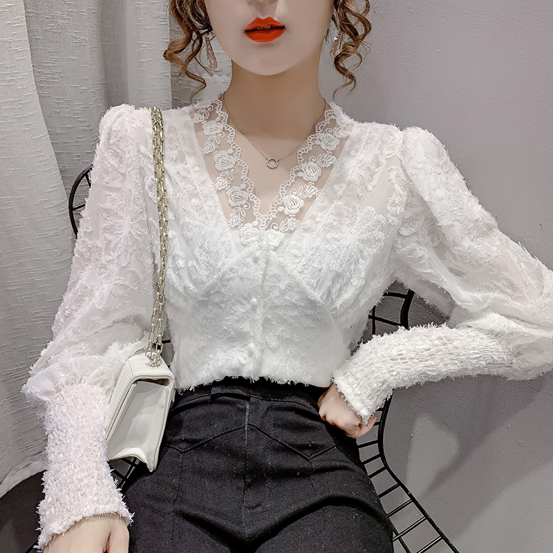實拍！2024春季新品韓版蕾絲衫修身百搭上衣小衫