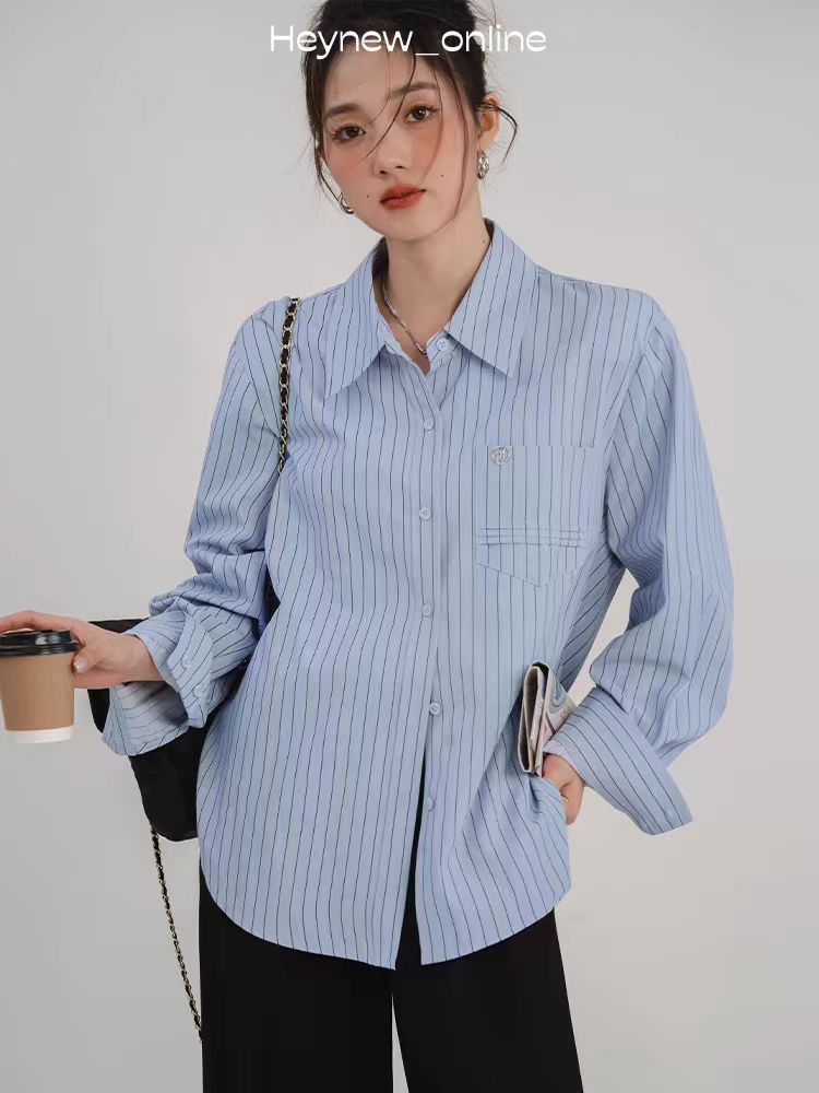 LOVEHEYNEW藍色簡約學院襯衫女秋季新款寬鬆顯瘦氣質通勤上衣