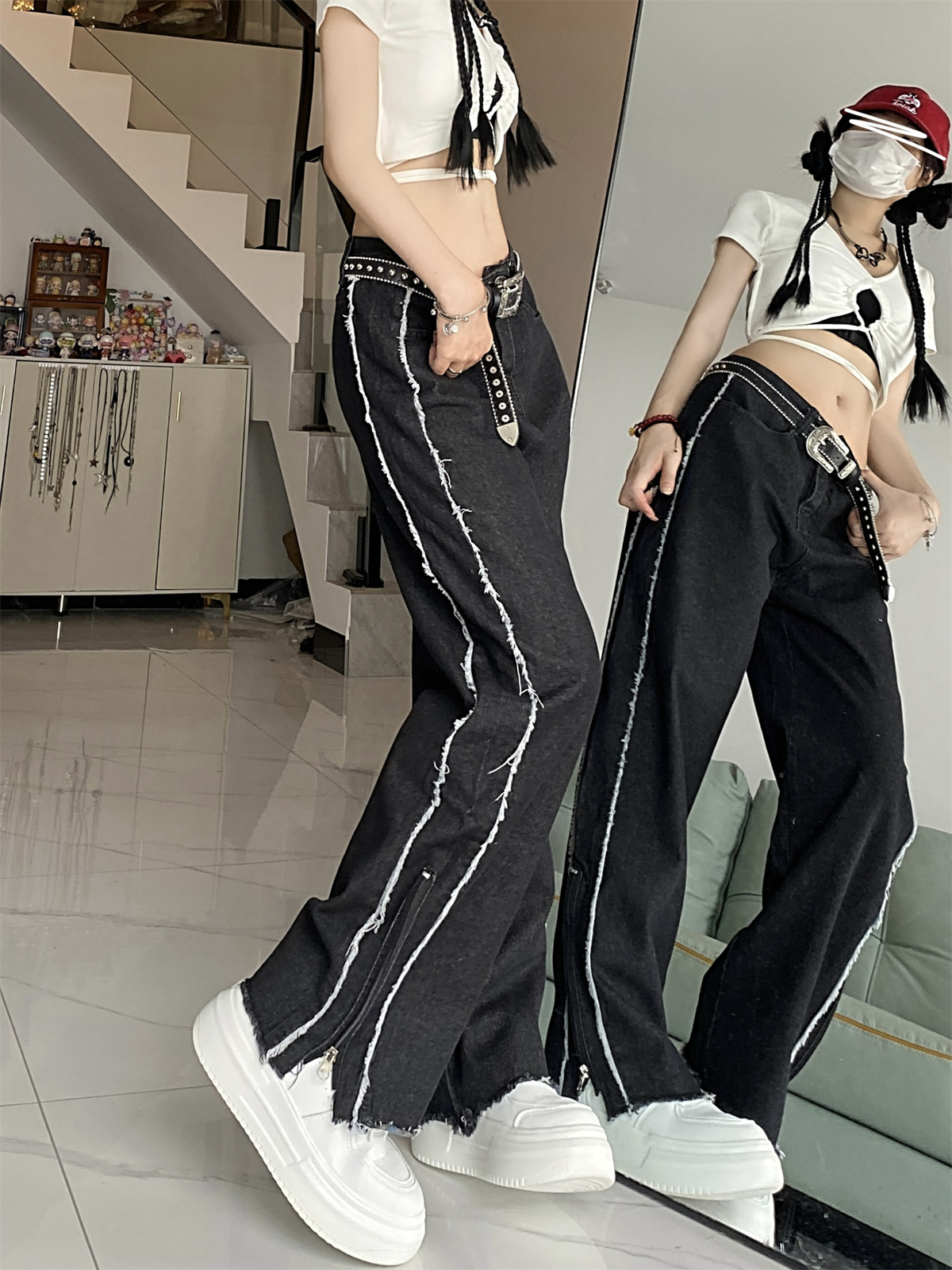 Actual shot ~ jeans autumn niche design zipper high street American retro straight pants