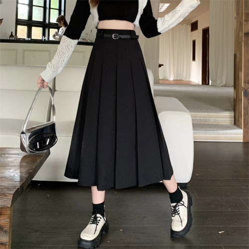 7369 real shot ~ Large size suit skirt for fat mm women autumn pleated skirt high waist slimming A-line skirt covering the crotch long skirt