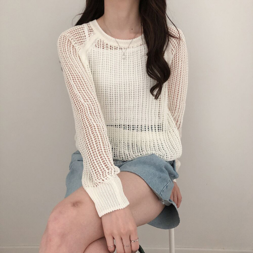 Large size hollow blouse summer lazy style solid color thin mid-length slightly see-through long-sleeved ice silk sweater