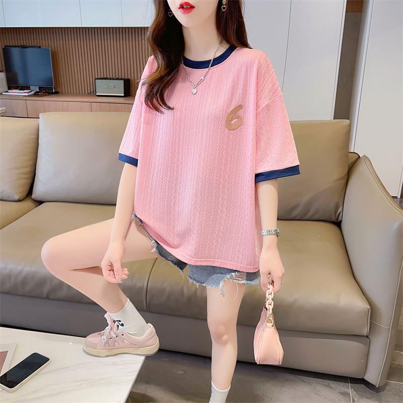 實拍 夏季新款韓版寬鬆提花後包領圓領貼標中長款大碼短袖T恤女