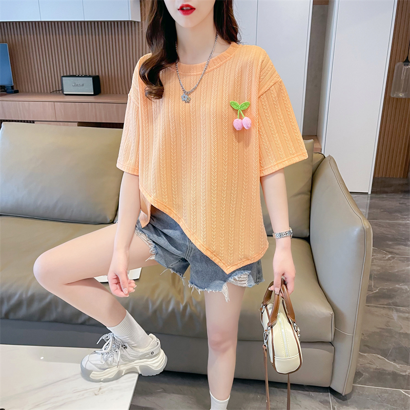 實拍 2024夏季韓版寬鬆220克提花不規則立體裝飾大碼短袖T恤女