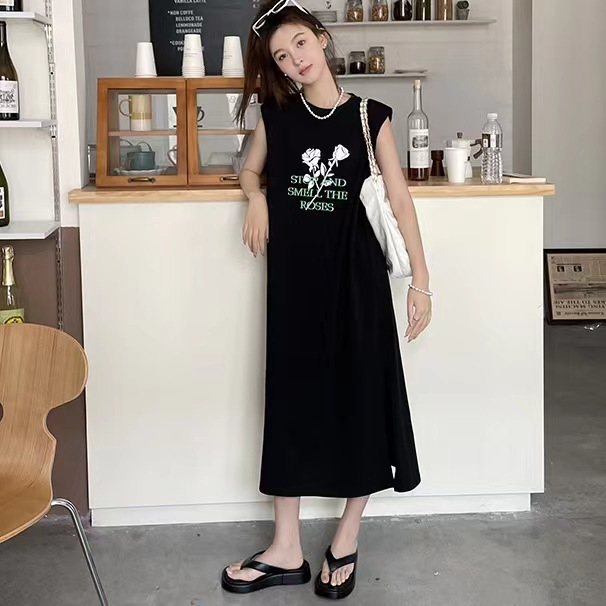 仿棉牛奶絲# 夏季無袖T恤長裙原宿風個性甜酷上衣女背心裙