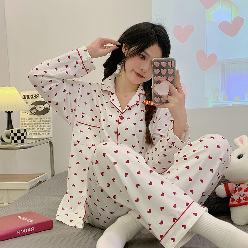 睡衣女春秋季長袖仿棉紅愛心甜美休閒開衫翻領可外穿家居服套裝