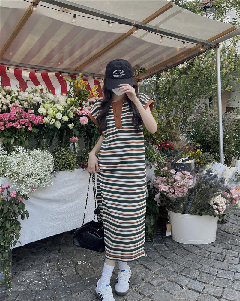 Actual shot~ Korean style simple Polo collar contrasting stripes mid-length loose casual versatile short-sleeved dress