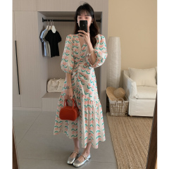 Real shot fresh sweet printed V-neck puff sleeve dress